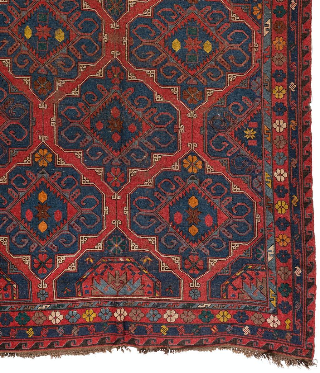 Hand-Woven Antique Red Navy Geometric Tribal Flat-Weave Caucasian Soumak Rug For Sale