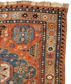 Alfombra Soumak Geométrica Antigua Caucásica Amarillo Óxido Azul Claro circa 1880-1900