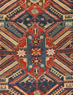 Late 19th C Antique Caucasian Red Blue Gold Tribal Soumak Rug