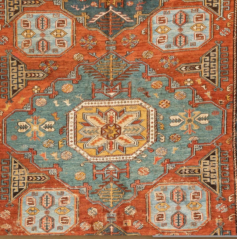 Antique Caucasian Rust Yellow Light Blue Geometric Soumak Rug circa ...