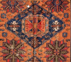 Antique Caucasian Rust Navy Blue Geometric Tribal Soumak Rug, circa 1920s
