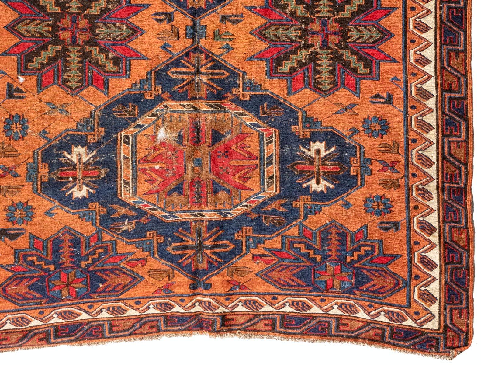 Hand-Woven Antique Caucasian Rust Navy Blue Geometric Tribal Soumak Rug, circa 1920s For Sale