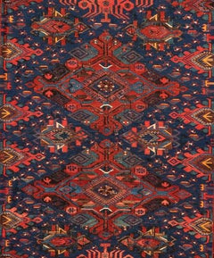 Antique Red and Navy Blue Geometric Tribal Caucasian Soumak Rug