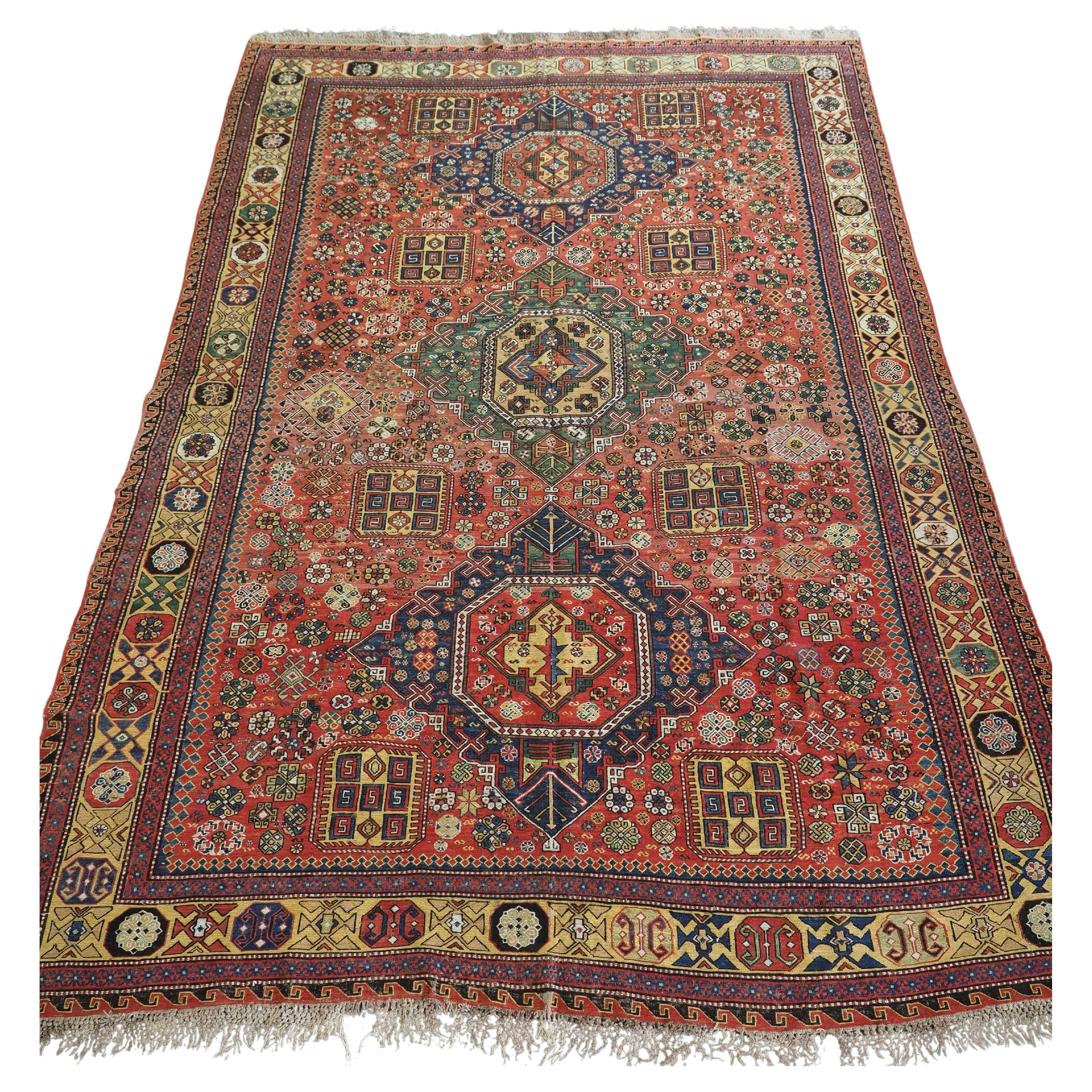 Antique Caucasian soumak carpet of three medallion design, 1870 or earlier For Sale