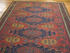 1900s Blue Red Antique Caucasian Sumak Flat-Weave Carpet 7'7" x 9'9" Wool Rug