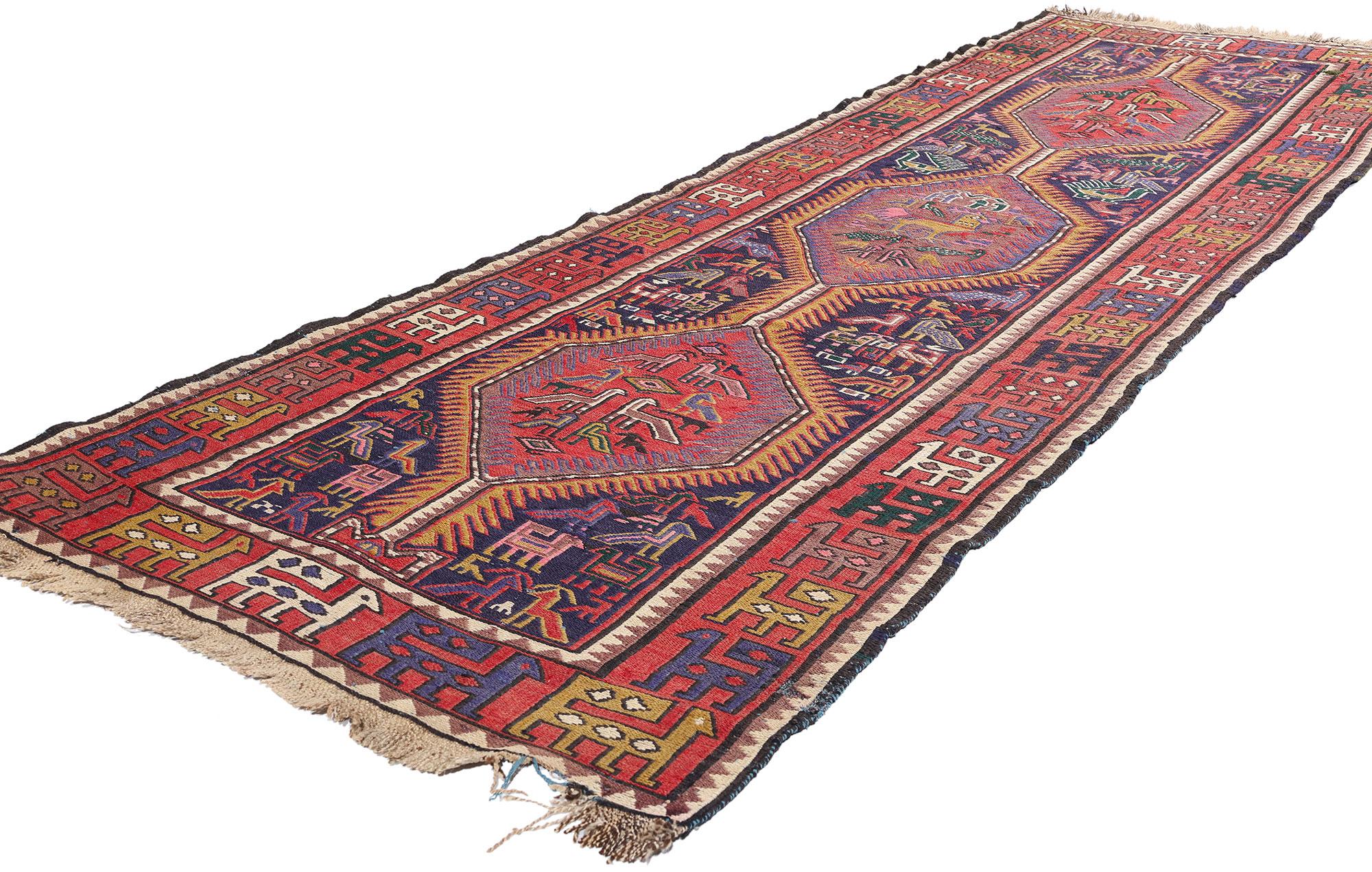 78937 Antique Caucasian Soumak Rug Runner, 03'02 x 10'04. This handwoven wool antique Caucasian Soumak rug is a stunning example of the rich cultural heritage and craftsmanship of the Caucasus region. Dating back to the early 20th century, this
