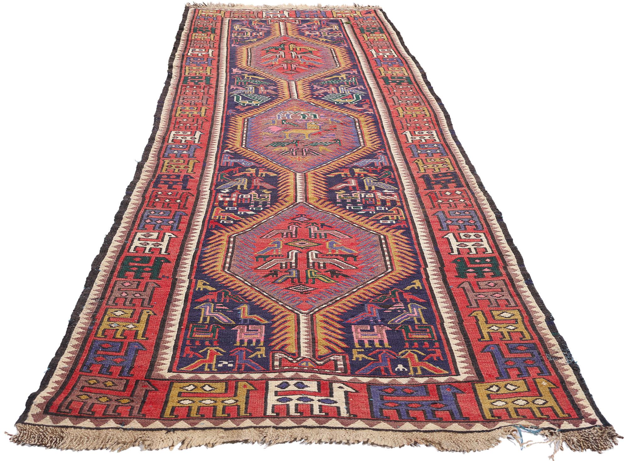 Kazak 1920's Antique Caucasian Soumak Carpet with Tribal Style