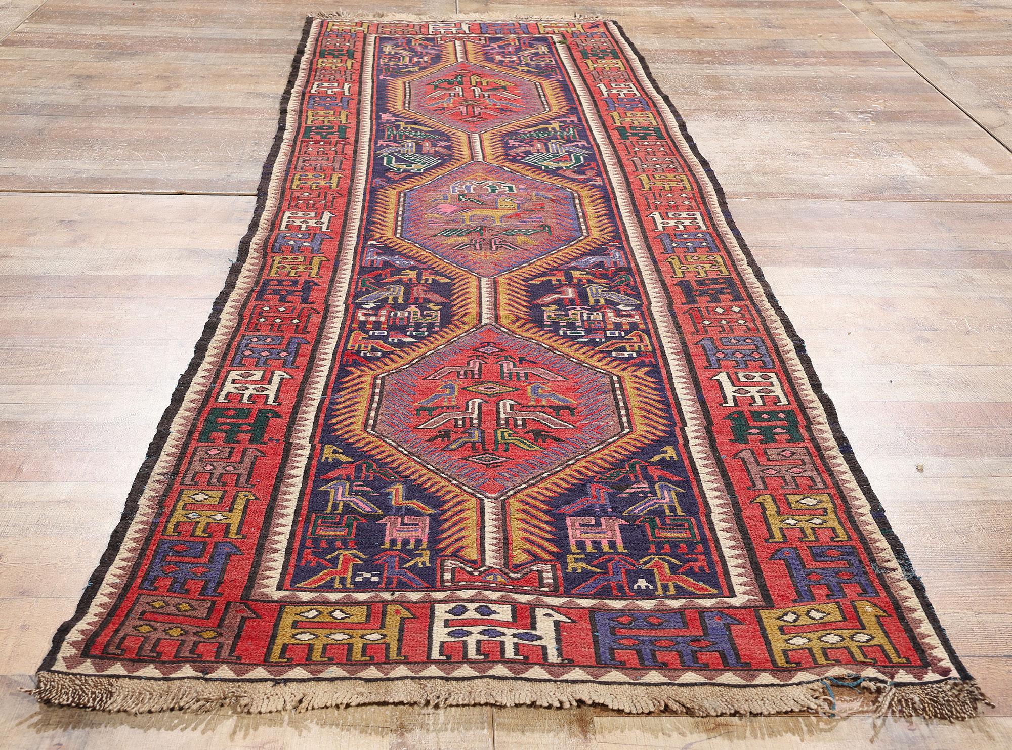 Wool 1920's Antique Caucasian Soumak Carpet with Tribal Style