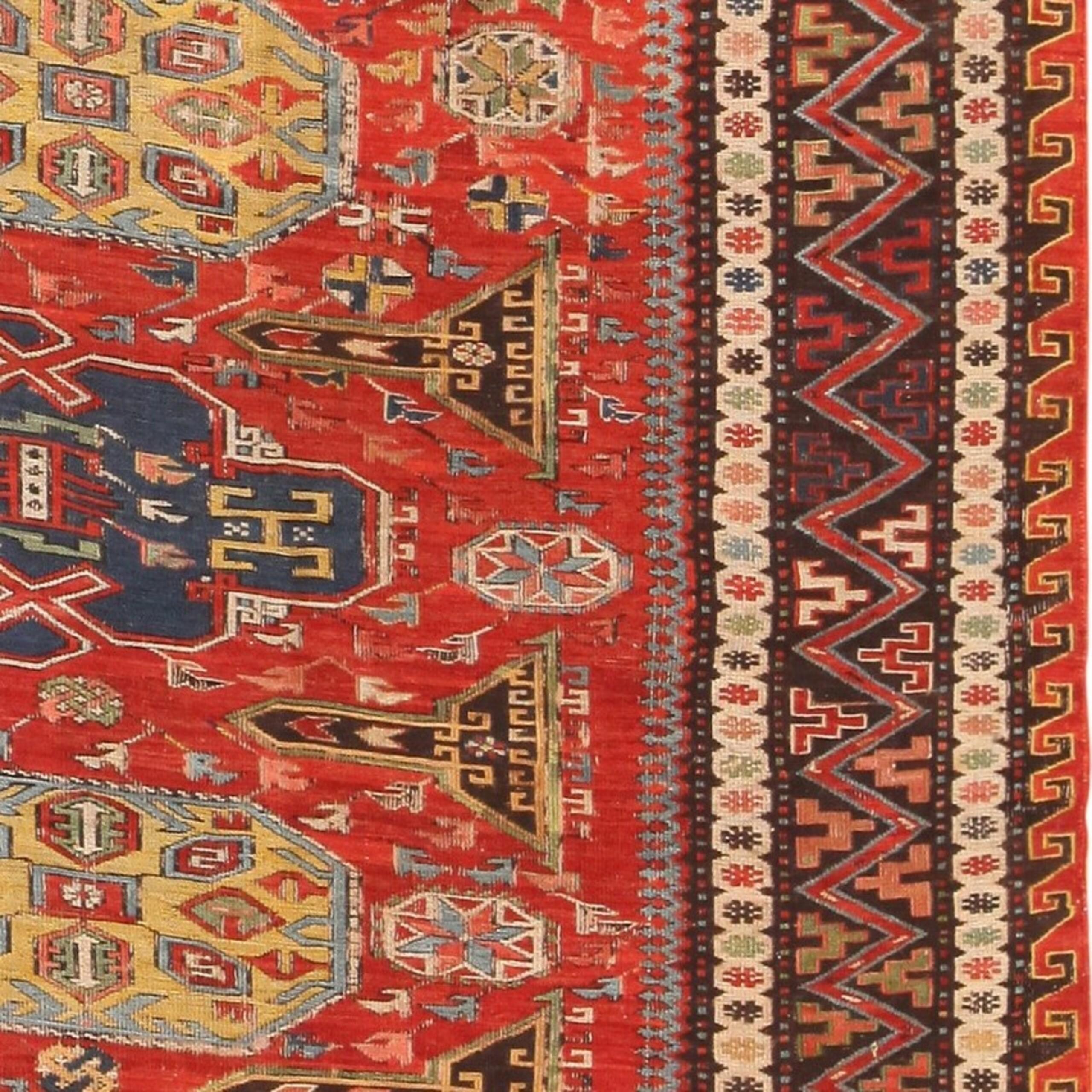 Antique Caucasian Soumak Rug, Country Of Origin: Caucasus, Circa date: 1900. Size: 7 ft 4 in x 9 ft 6 in (2.24 m x 2.9 m)
 