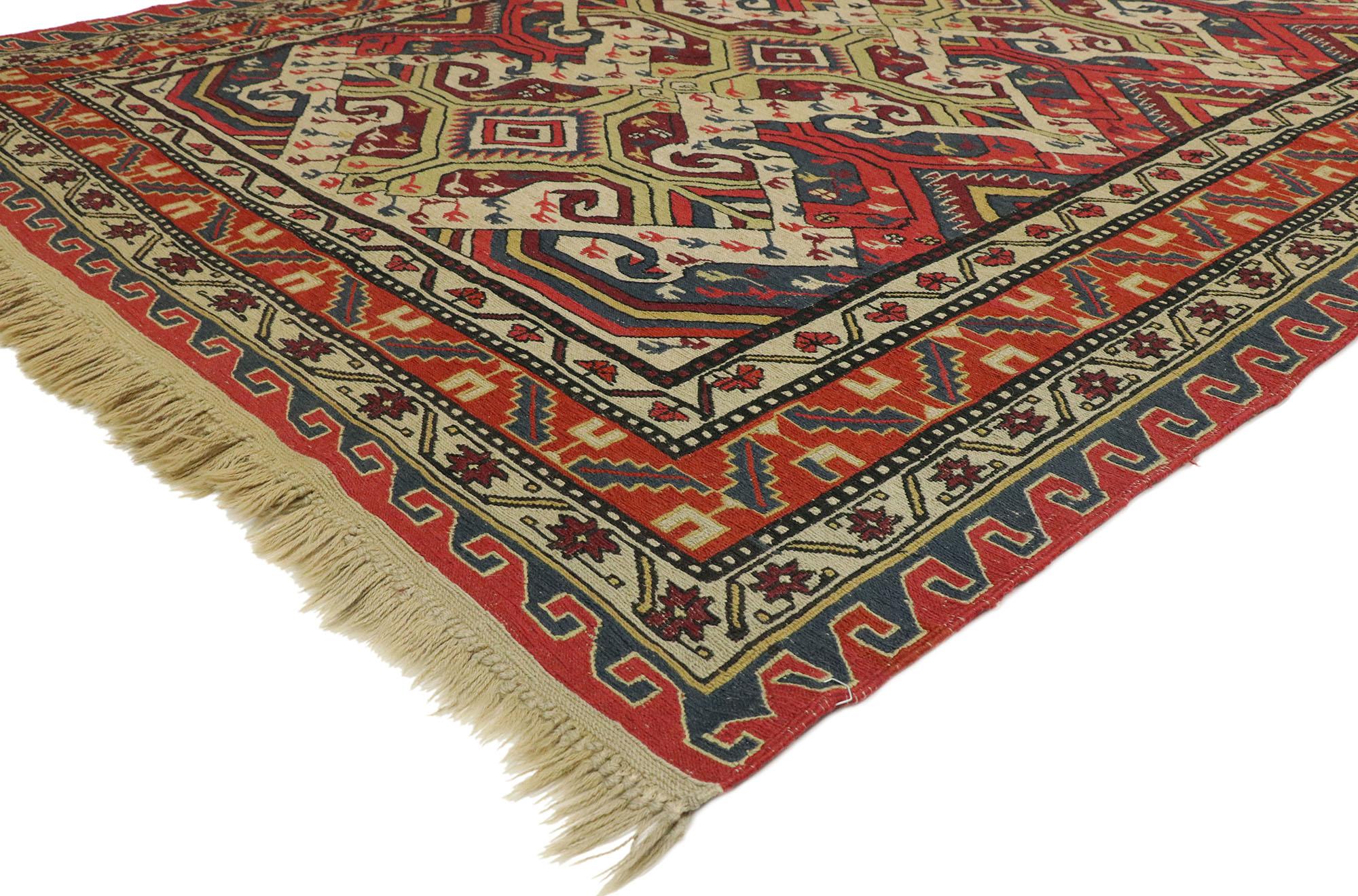 74374, antique Caucasian Soumak rug with Rustic Arts & Crafts style. With a bold geometric design and vibrant earth-tone colors, this handwoven wool antique Caucasian Soumak rug beautifully embodies Arts & Crafts Style with modern rustic