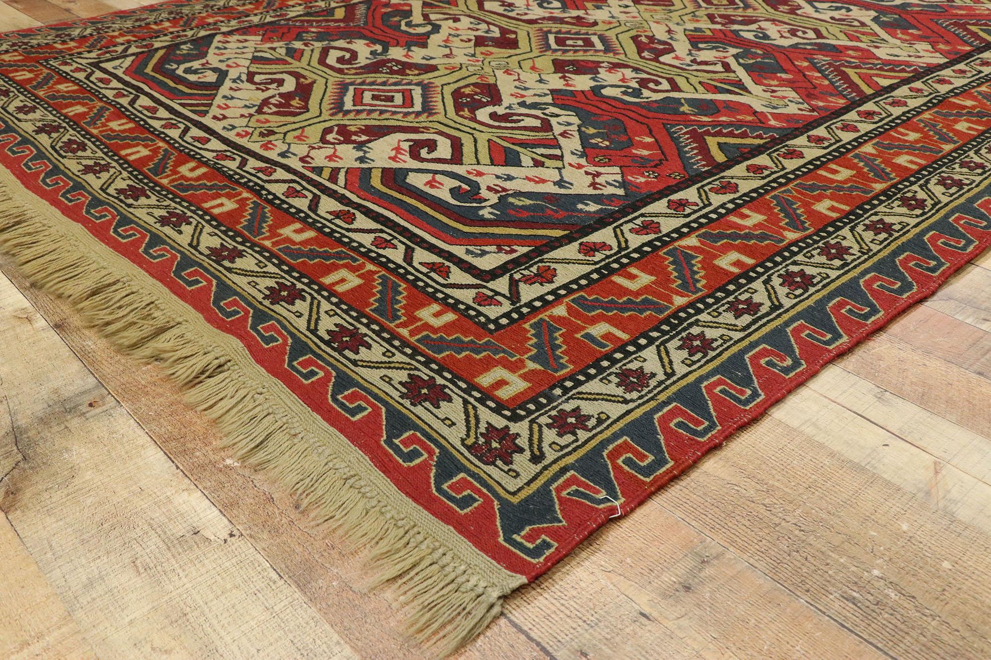 Hand-Woven Antique Caucasian Soumak Rug with Rustic Arts & Crafts Style