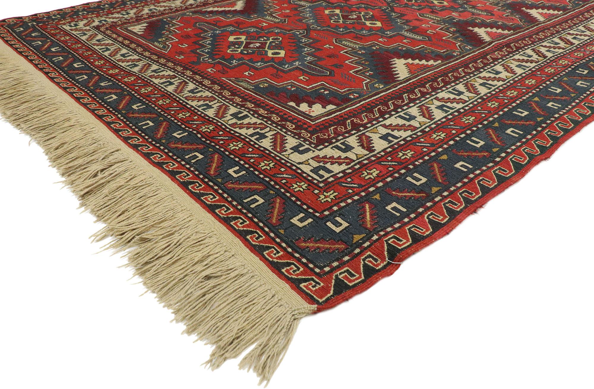 74375, antique Caucasian Soumak rug with tribal style. Embodying tribal style and nomadic charm with saturated colors, this handwoven wool antique Caucasian Soumak rug is a captivating vision of woven beauty. This handwoven wool antique Caucasian