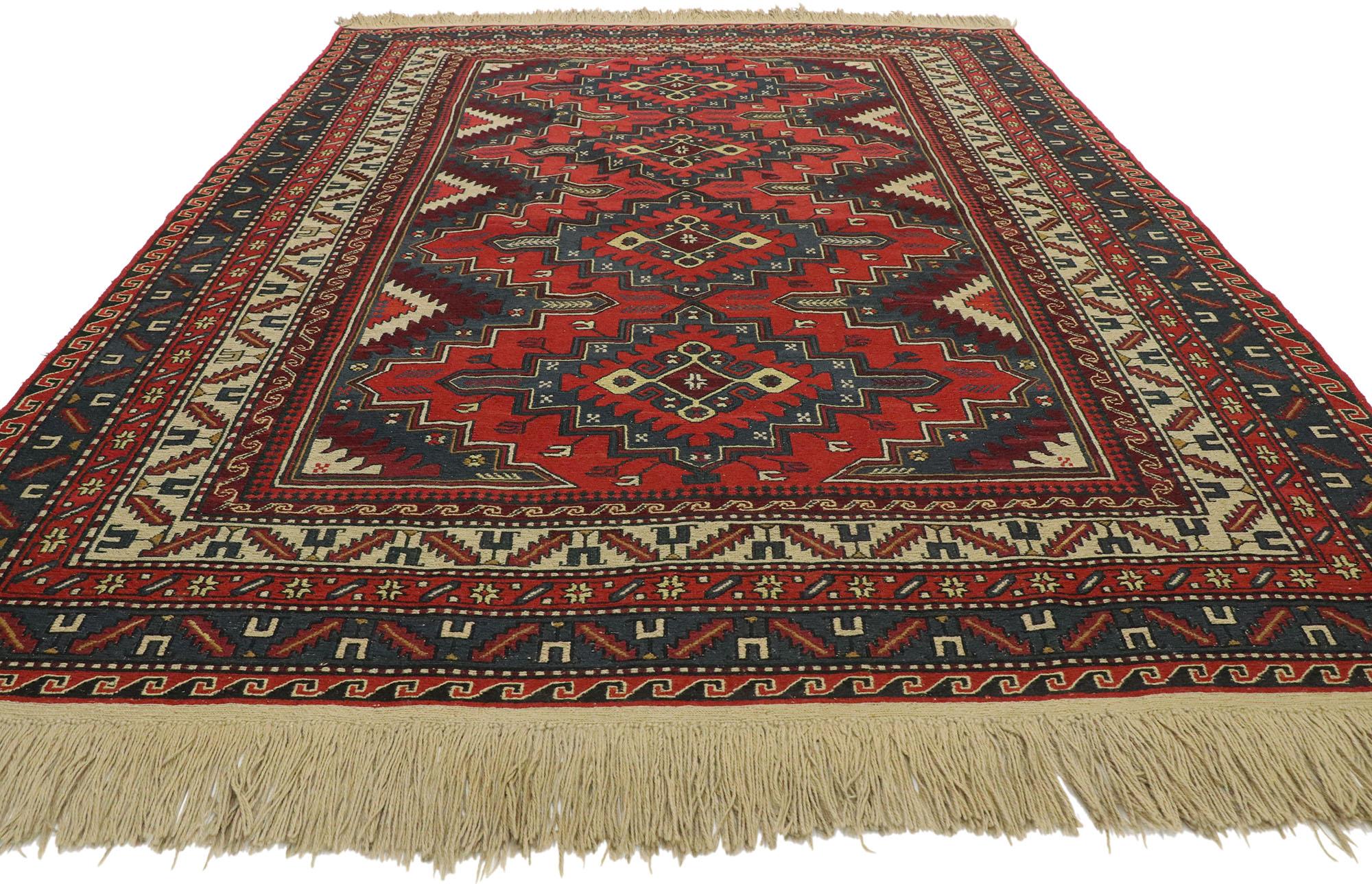 Russian Antique Caucasian Soumak Rug with Tribal Style For Sale