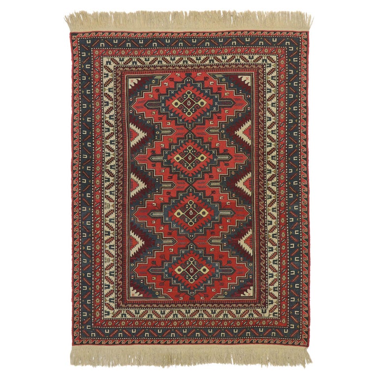 Antique Caucasian Soumak Rug with Tribal Style For Sale at 1stDibs