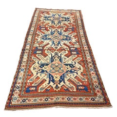 Antique Caucasian Star Kazak Wool 4x10 Ivory, Red & Blue Handmade Gallery Rug