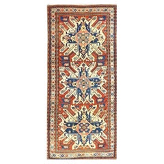 Antique Caucasian Star Kazak Wool 4x10 Ivory, Red & Blue Handmade Gallery Rug