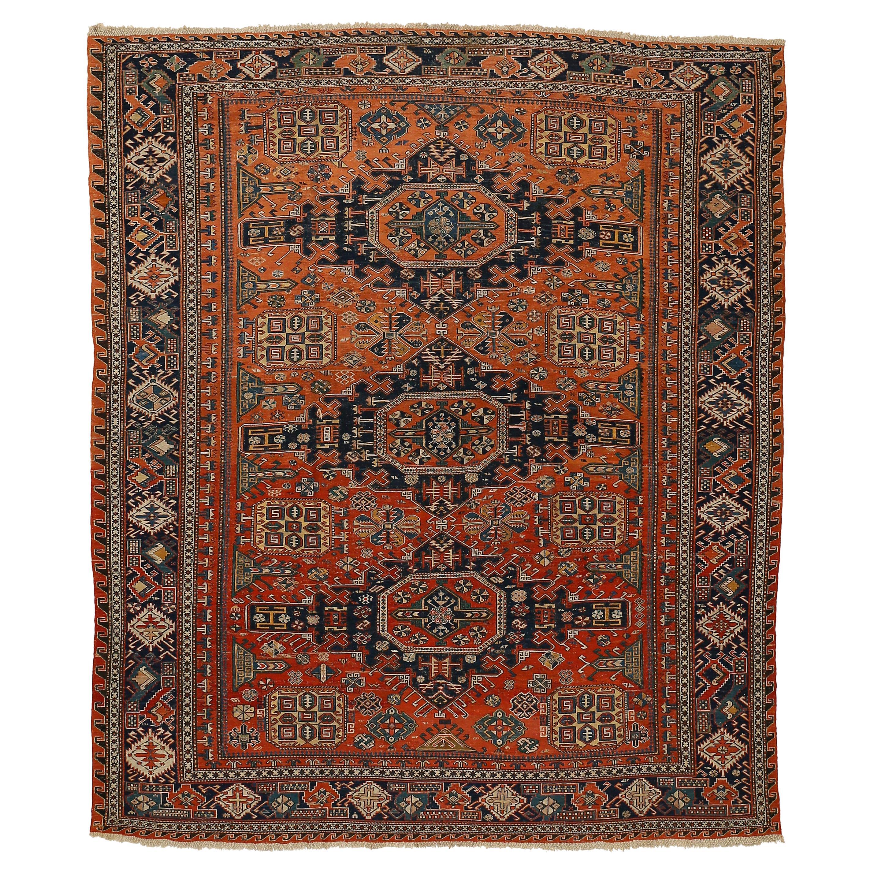 Antique Caucasian Sumak Rug with Diamond Medallions in Rare Square Format For Sale