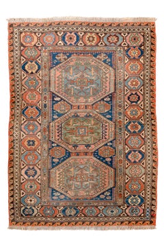 Antique Caucasian Sumak Rug with Triple Medallion Design in Blue and Coral