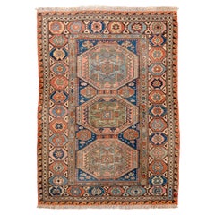 Antique Caucasian Sumak Rug with Triple Medallion Design in Blue and Coral