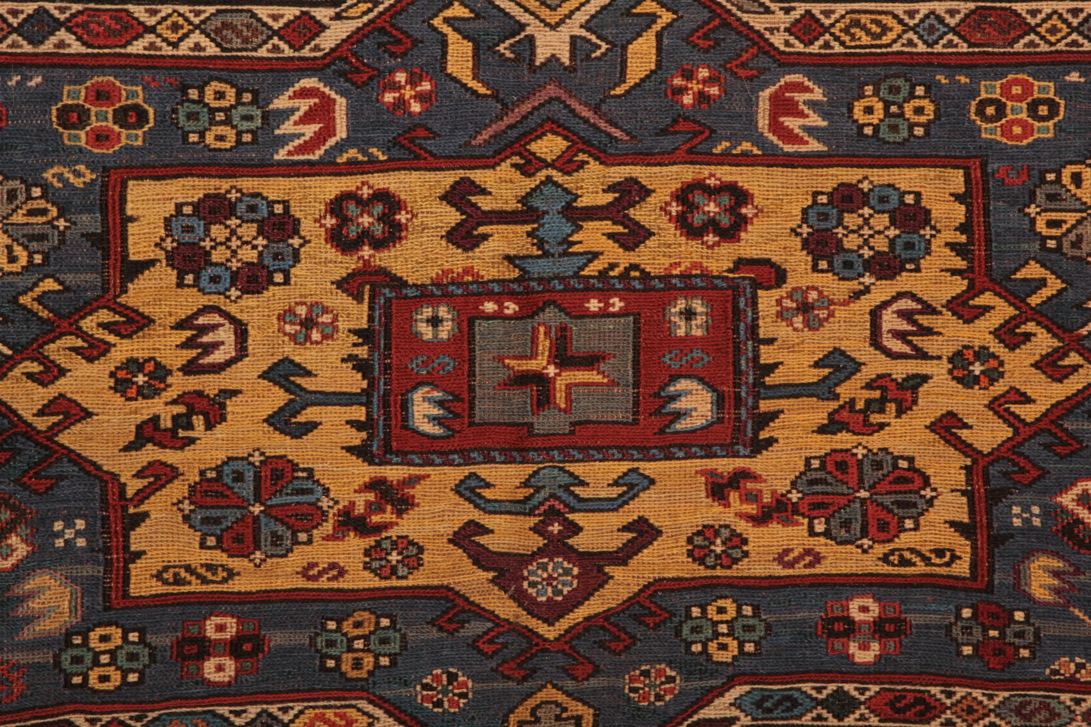This handmade carpet Caucasian Kilim is defined is a Sumak: Caucasia is an area in the northwest of Azerbaijan Sumak refers to the weaving technique. This Kilim rug is completely handmade with the best wool and cotton. The dyes are organic. The