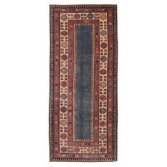 Antique Caucasian Talish Long Rug, Blue Solid Field, Detailed Borders
