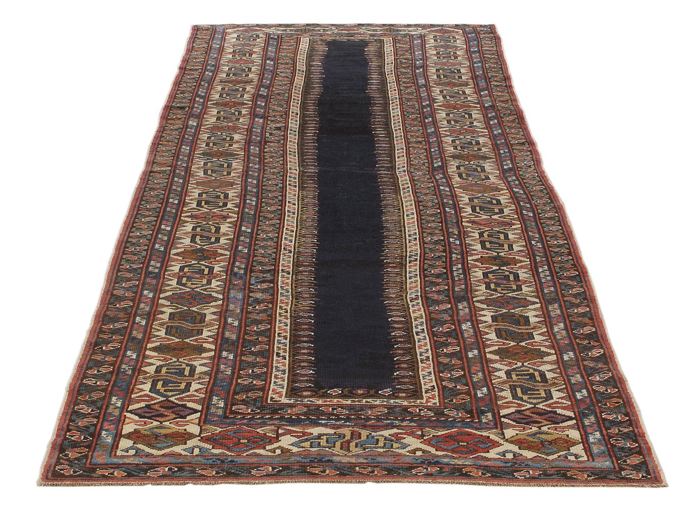 Tribal Antique Caucasian Talish Runner in a Black / Navy Blue Background For Sale