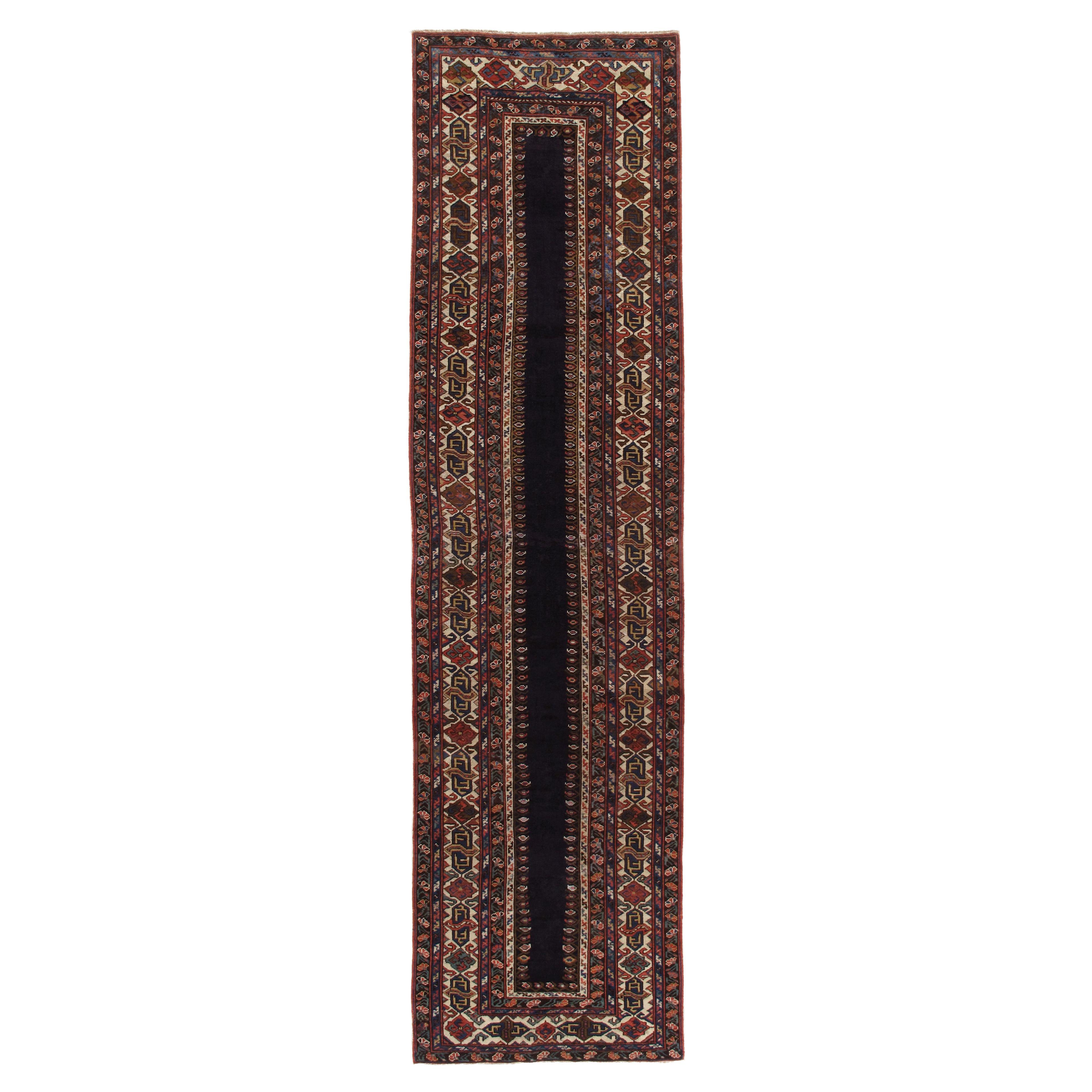 Antique Caucasian Talish Runner in a Black / Navy Blue Background For Sale