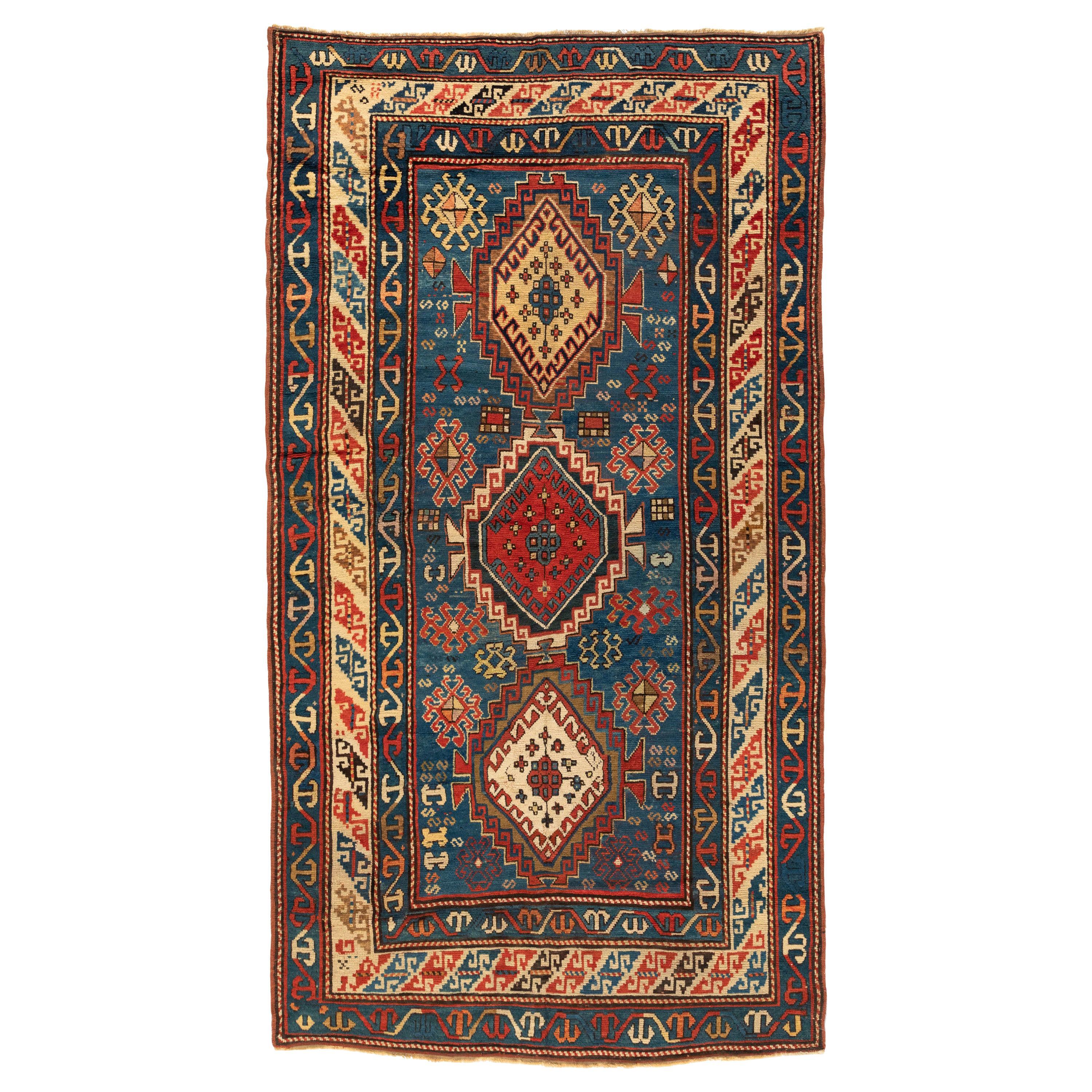 Antique Caucasian Tribal Blue Red Kazak Carpet, c. 1900s-1910s