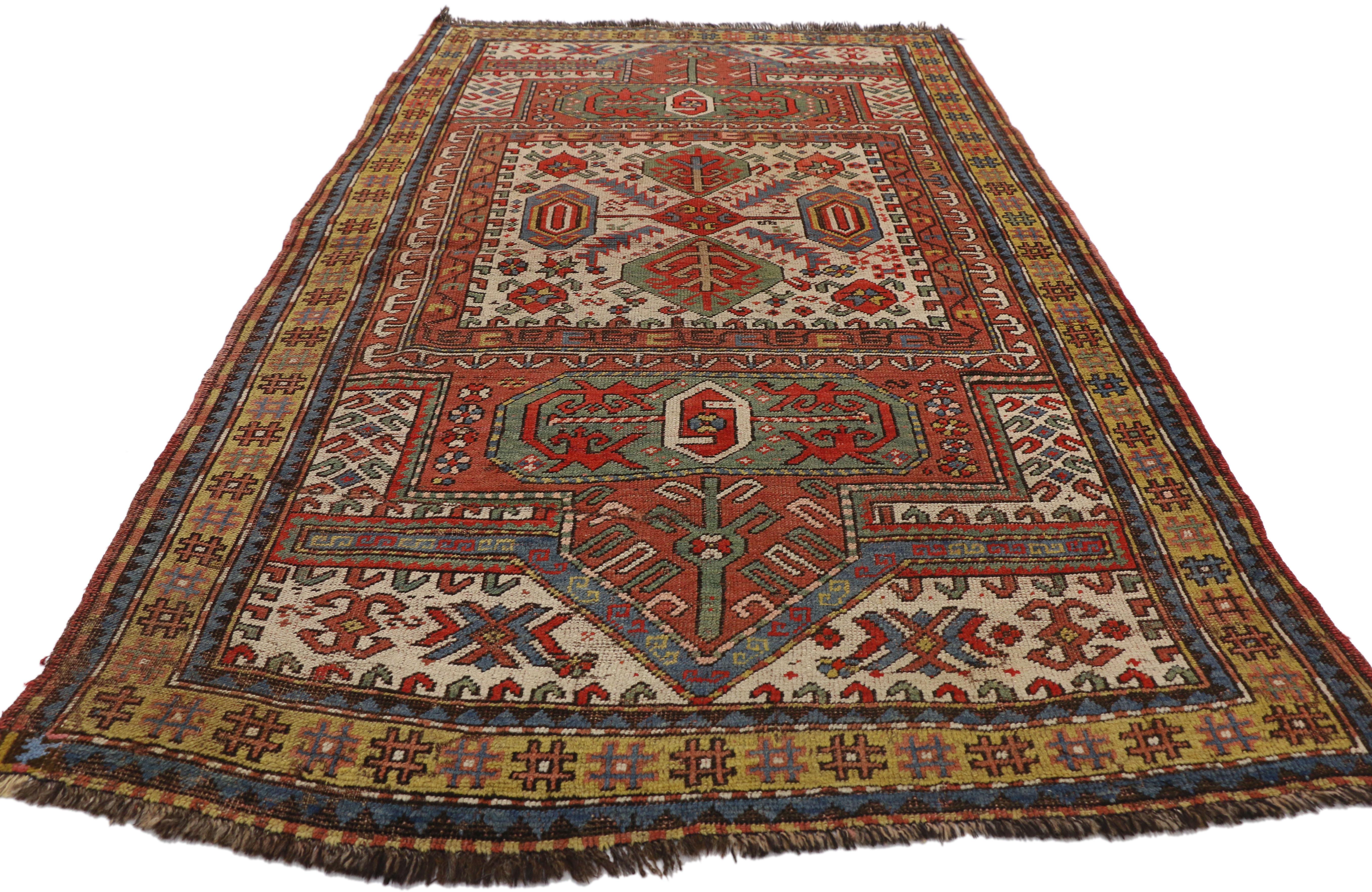Hand-Knotted Antique Caucasian Tribal Kazak Prayer Rug with Compartment Design, Caucasian Rug