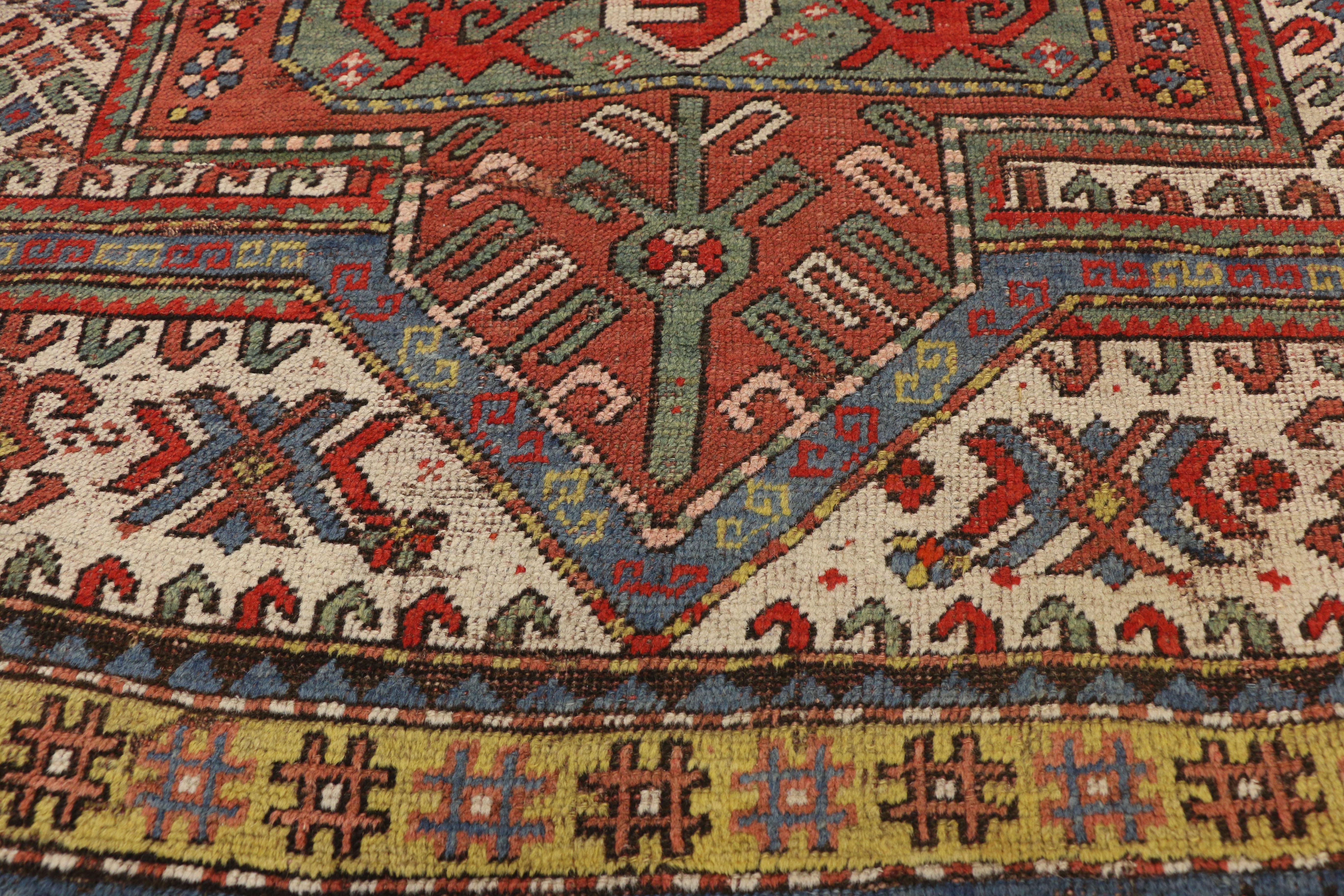 Antique Caucasian Tribal Kazak Prayer Rug with Compartment Design, Caucasian Rug In Good Condition In Dallas, TX