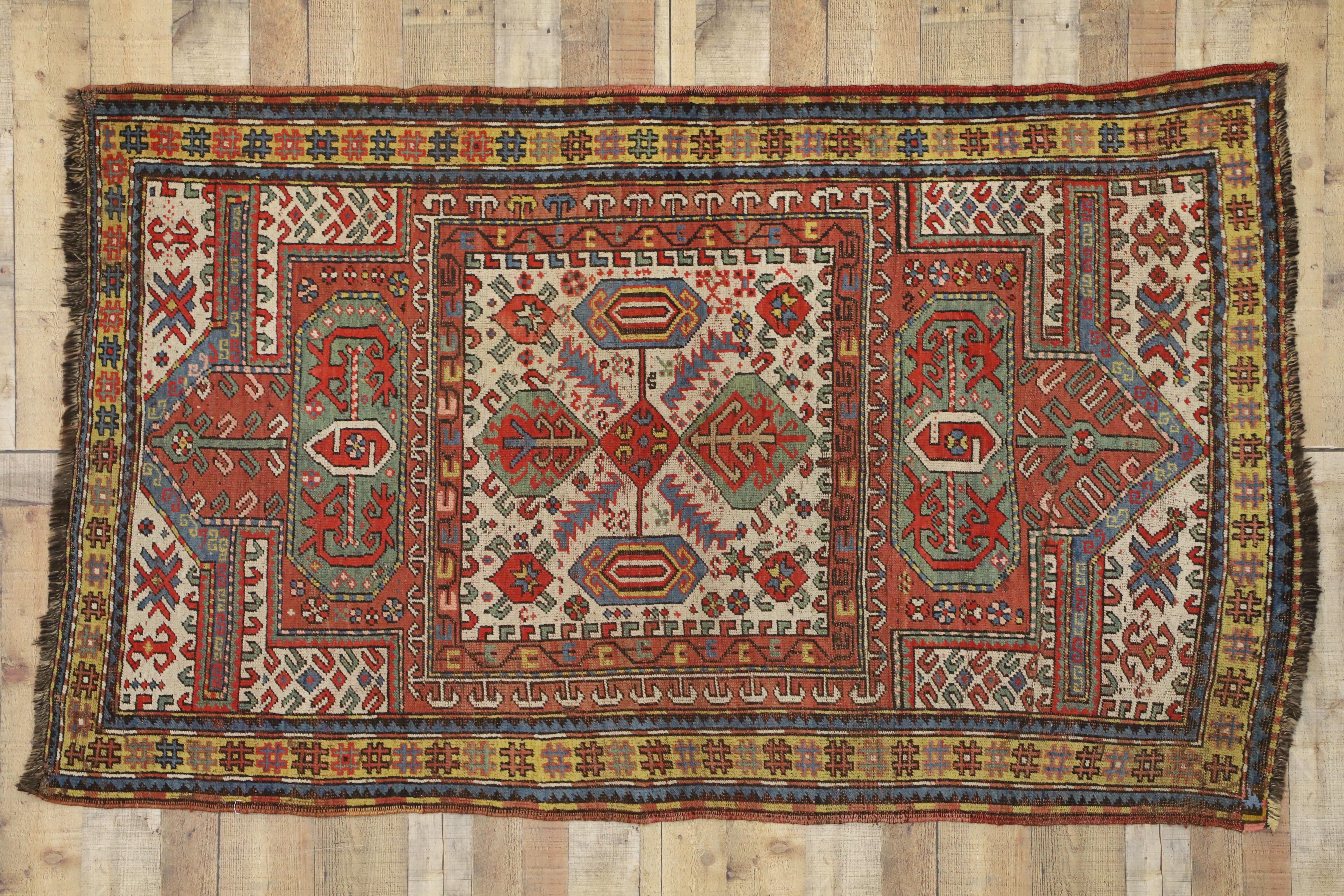 Antique Caucasian Tribal Kazak Prayer Rug with Compartment Design, Caucasian Rug 2