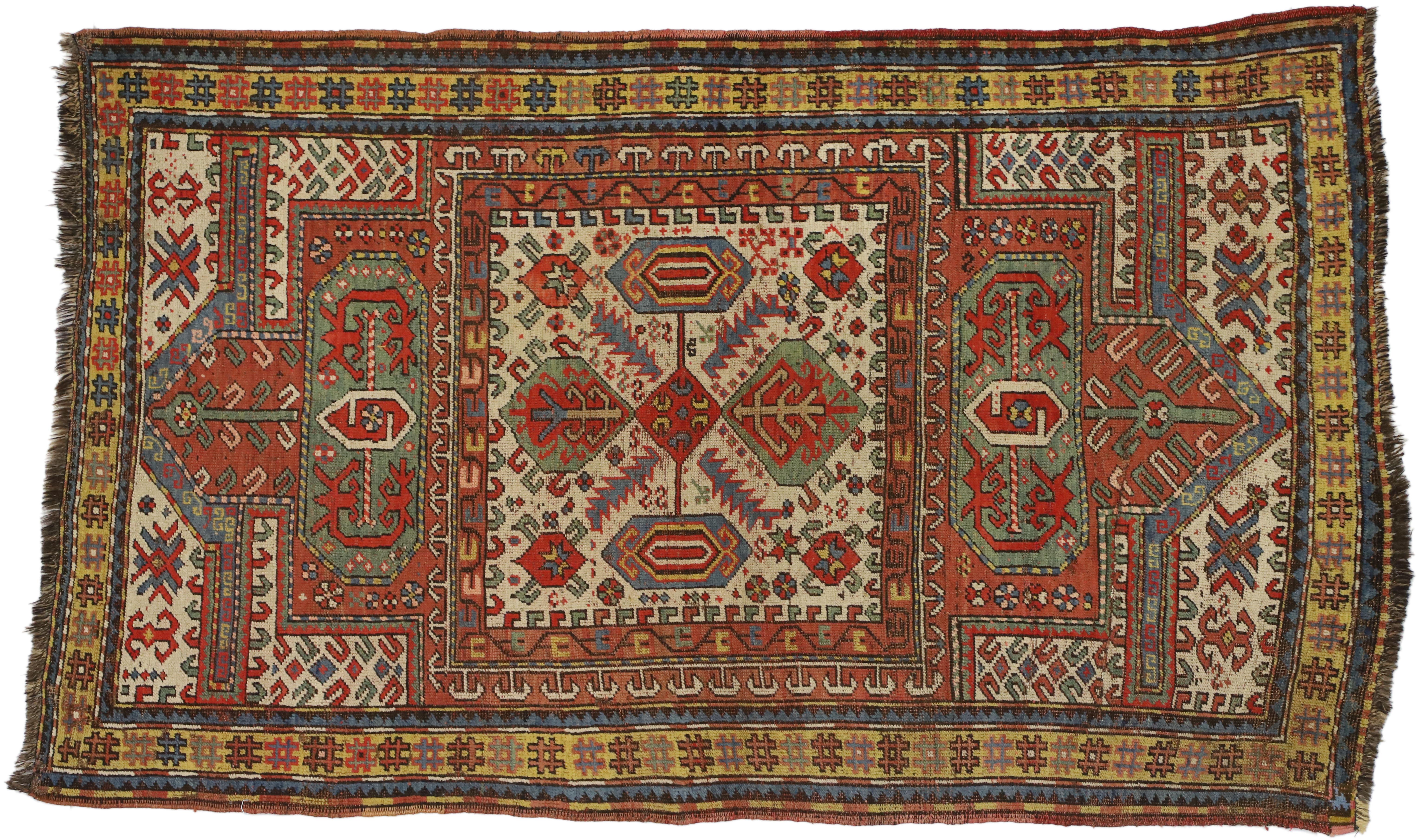Antique Caucasian Tribal Kazak Prayer Rug with Compartment Design, Caucasian Rug 3