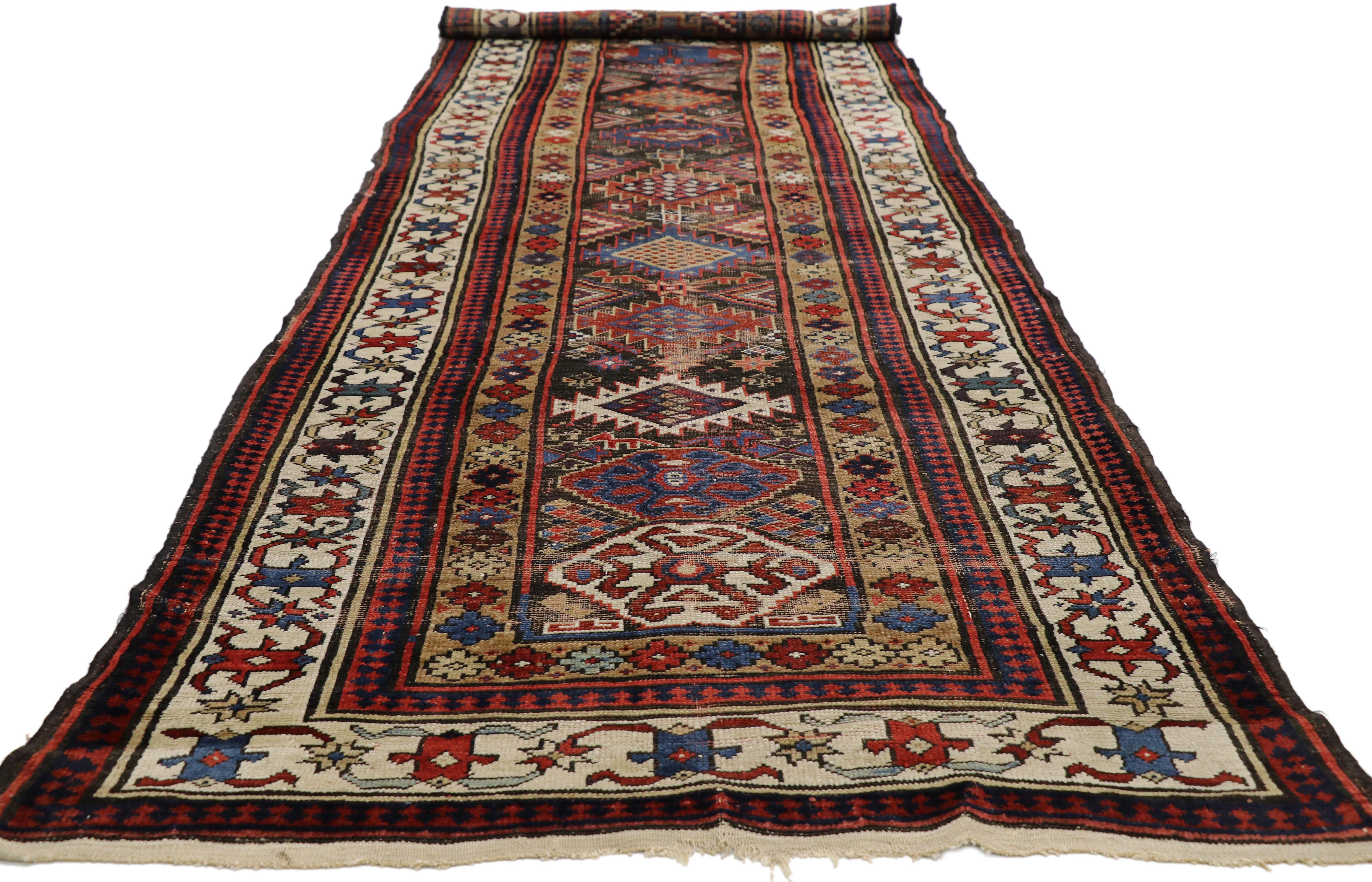 Hand-Knotted Antique Caucasian Tribal Kazak Hallway Runner with Art Deco Tribal Style For Sale