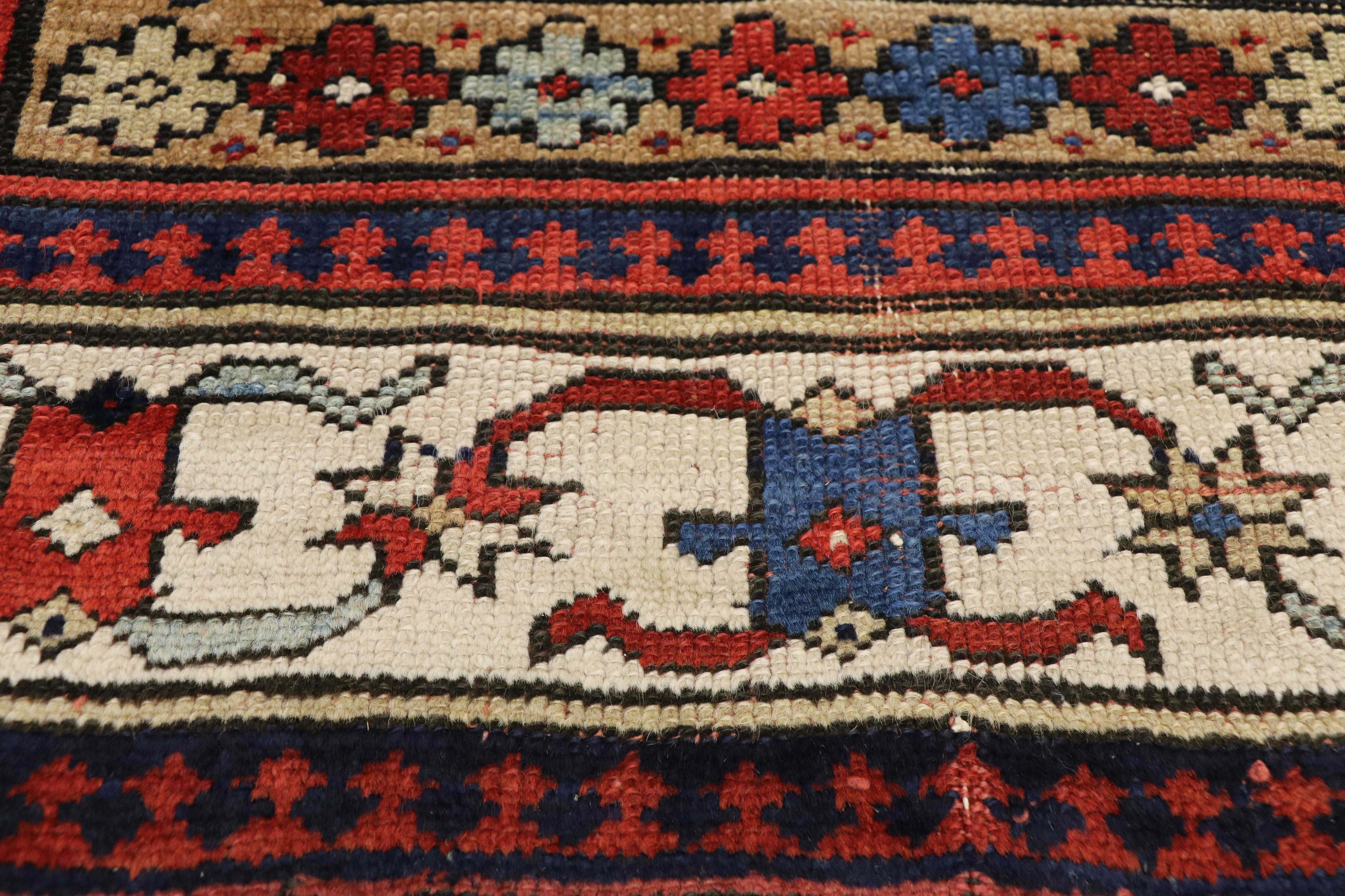 Antique Caucasian Tribal Kazak Hallway Runner with Art Deco Tribal Style In Good Condition For Sale In Dallas, TX