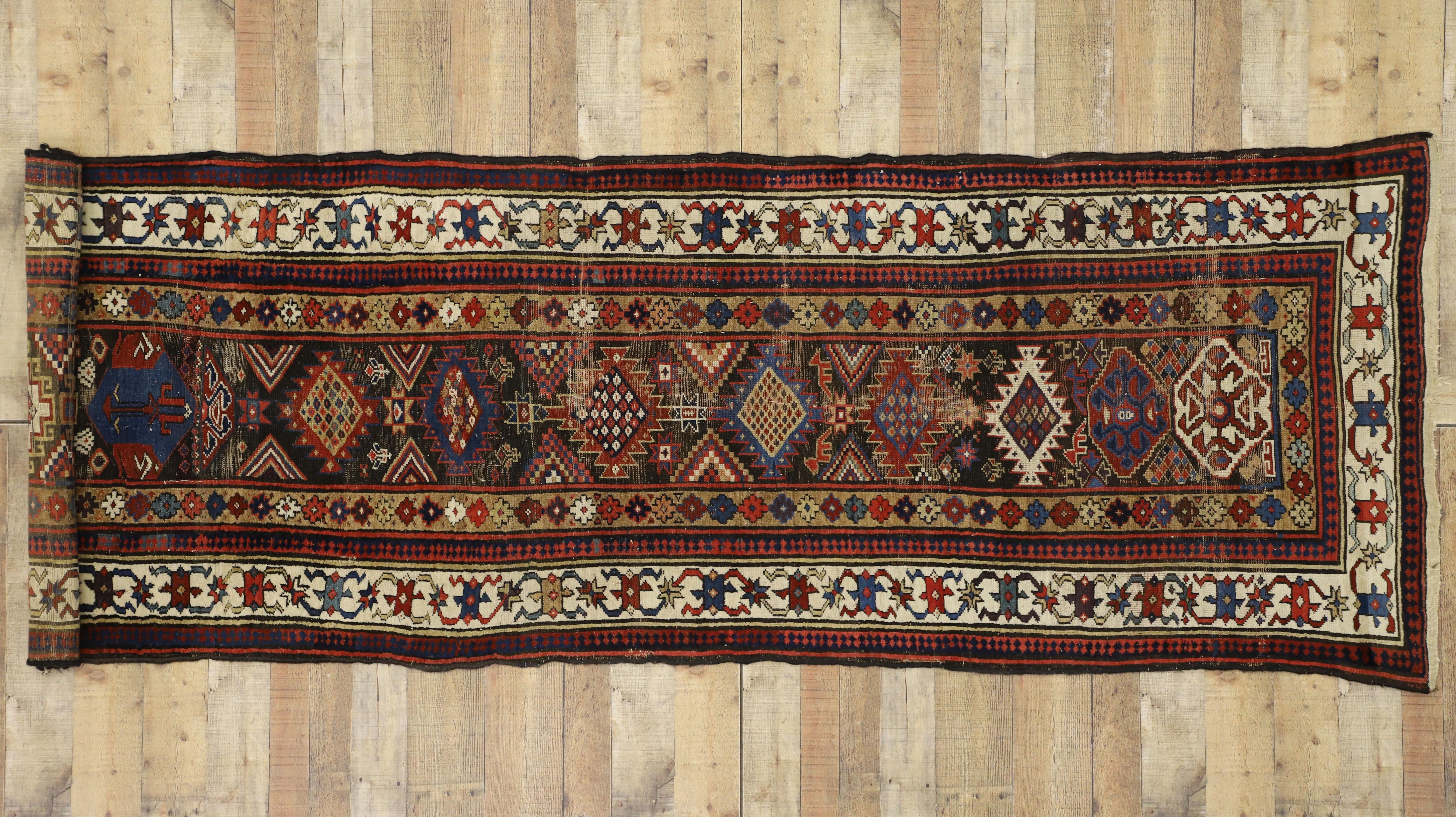 Antique Caucasian Tribal Kazak Hallway Runner with Art Deco Tribal Style For Sale 1