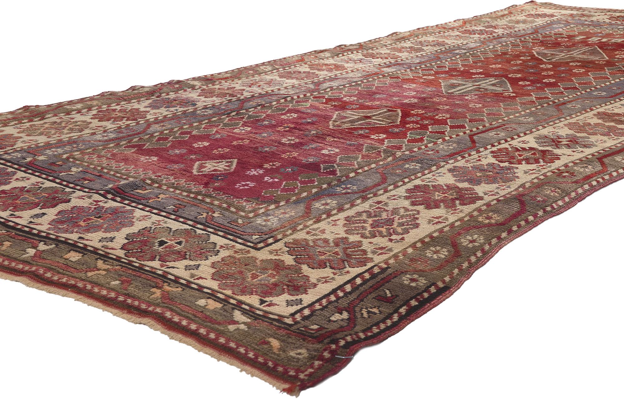 71469 Antique Caucasian Tribal Kurdish Rug, 04'07 x 11'00.
Nomadic charm meets boho chic in this hand knotted wool antique Caucasian Kurdish rug. The intrinsic tribal design earthy colorway woven into this piece work together creating a warm and
