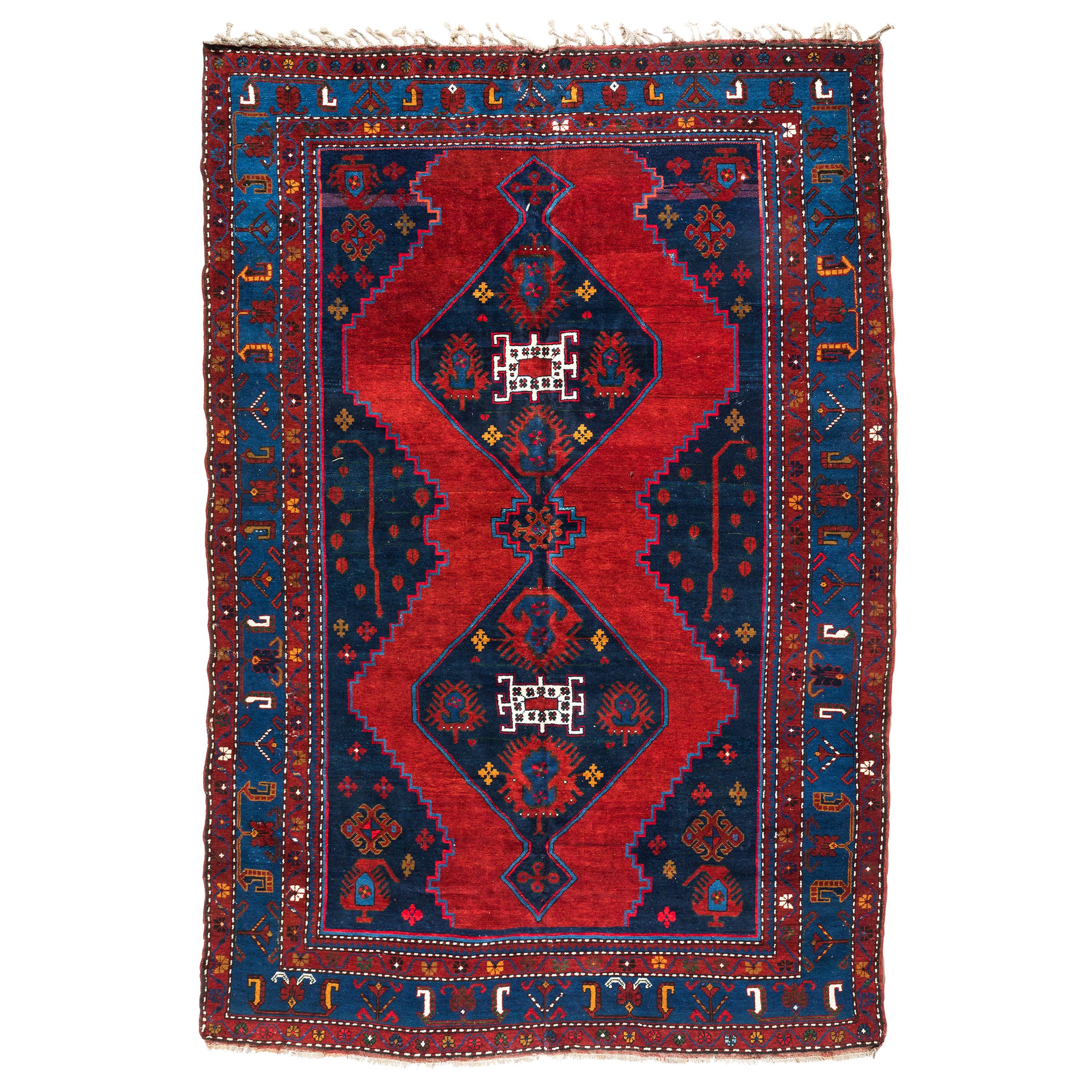 Ancien tapis caucasien tribal rouge marine bleu marine géométrique, vers les années 1950