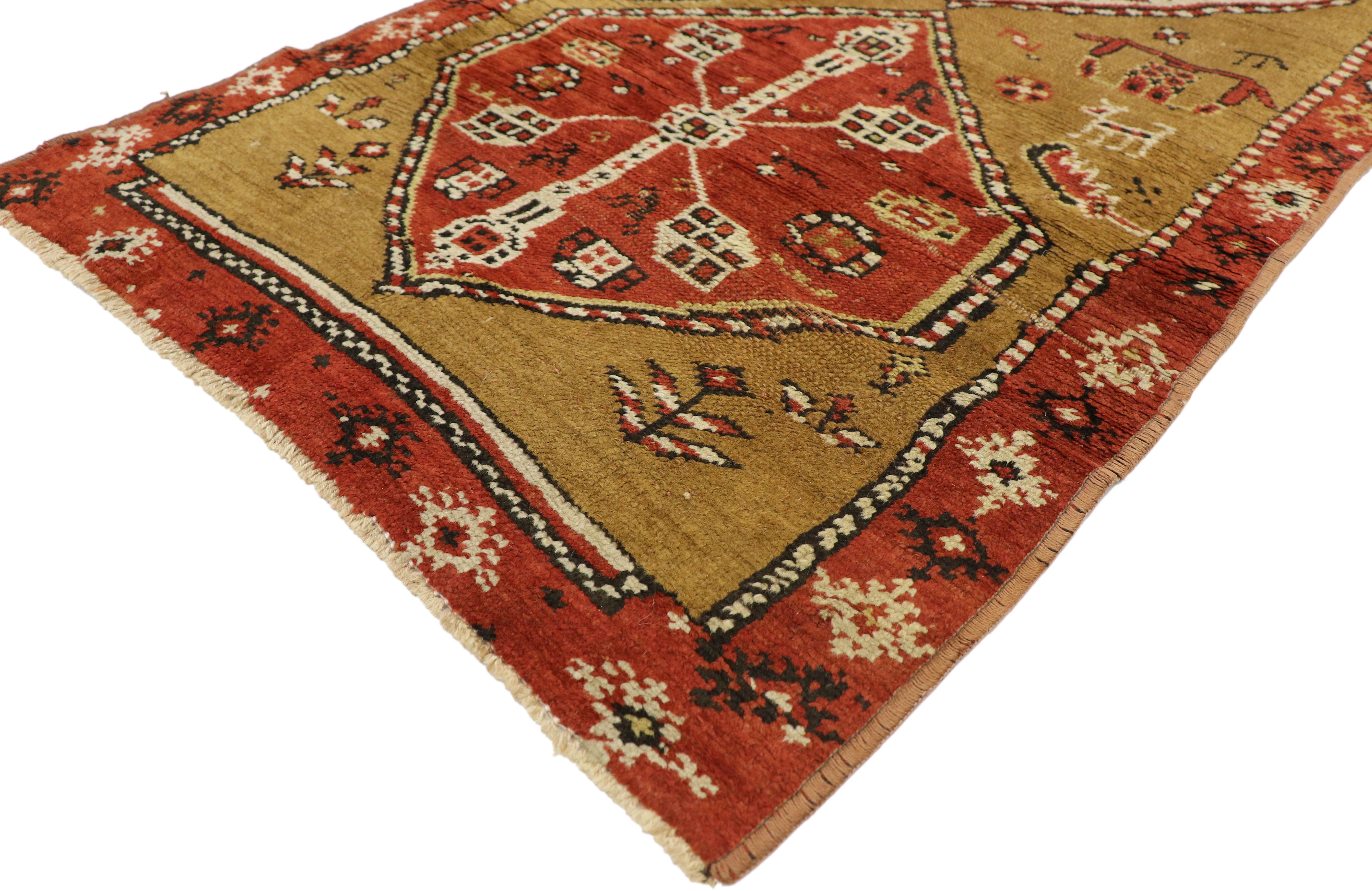 72223, antique Caucasian Tribal runner, hallway runner. This beautiful antique Caucasian hallway runner features hexagonal medallions surrounded by ancient symbolic motifs and animal figures on an abrashed camel-colored field. It is framed by a thin