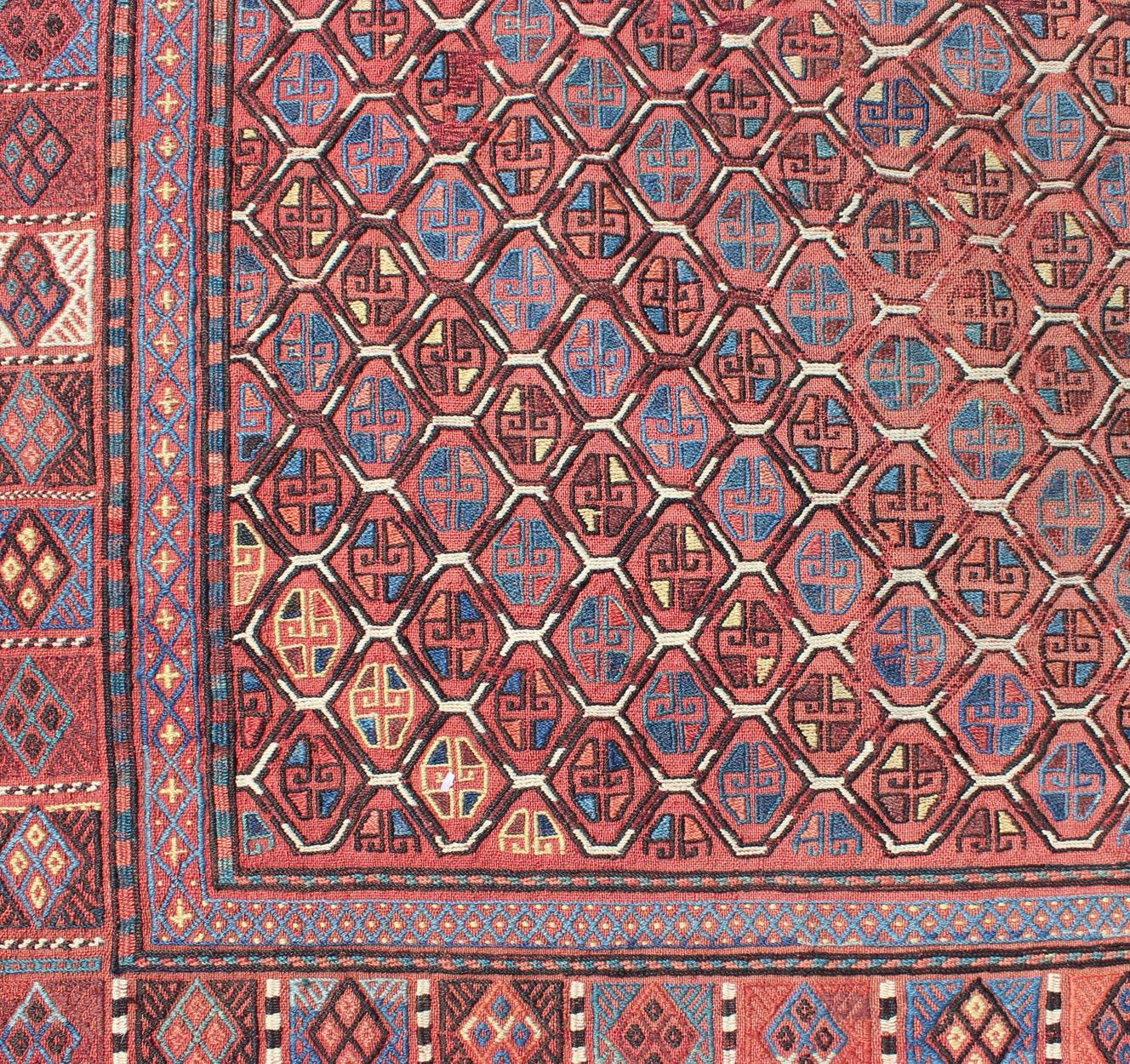 Laine Tapis caucasien ancien Verneh / Zilleh à motifs géométriques multicolores en vente