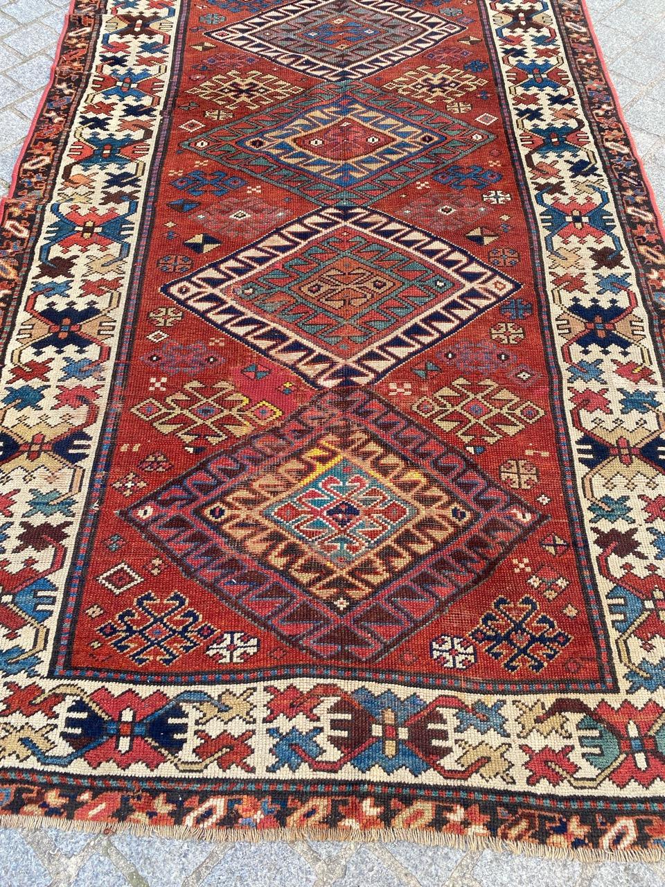 Nice late 19th century Caucasian Kazak runner with beautiful geometrical design and nice natural colors, entirely hand knotted with wool velvet on wool foundation.

✨✨✨
