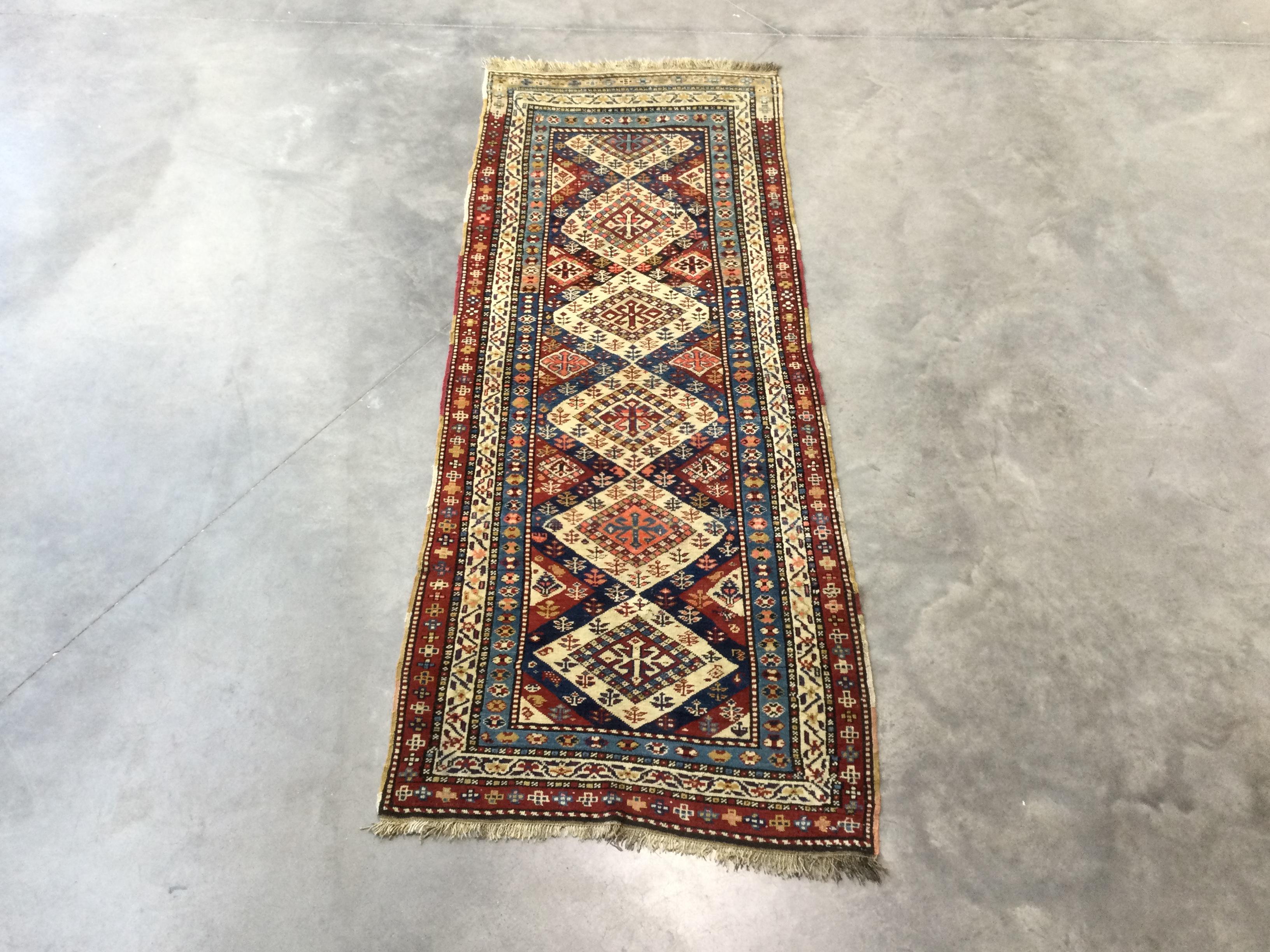 Hand-Knotted Antique Caucasus Wool Rug. 2.75 x 1.00 m For Sale