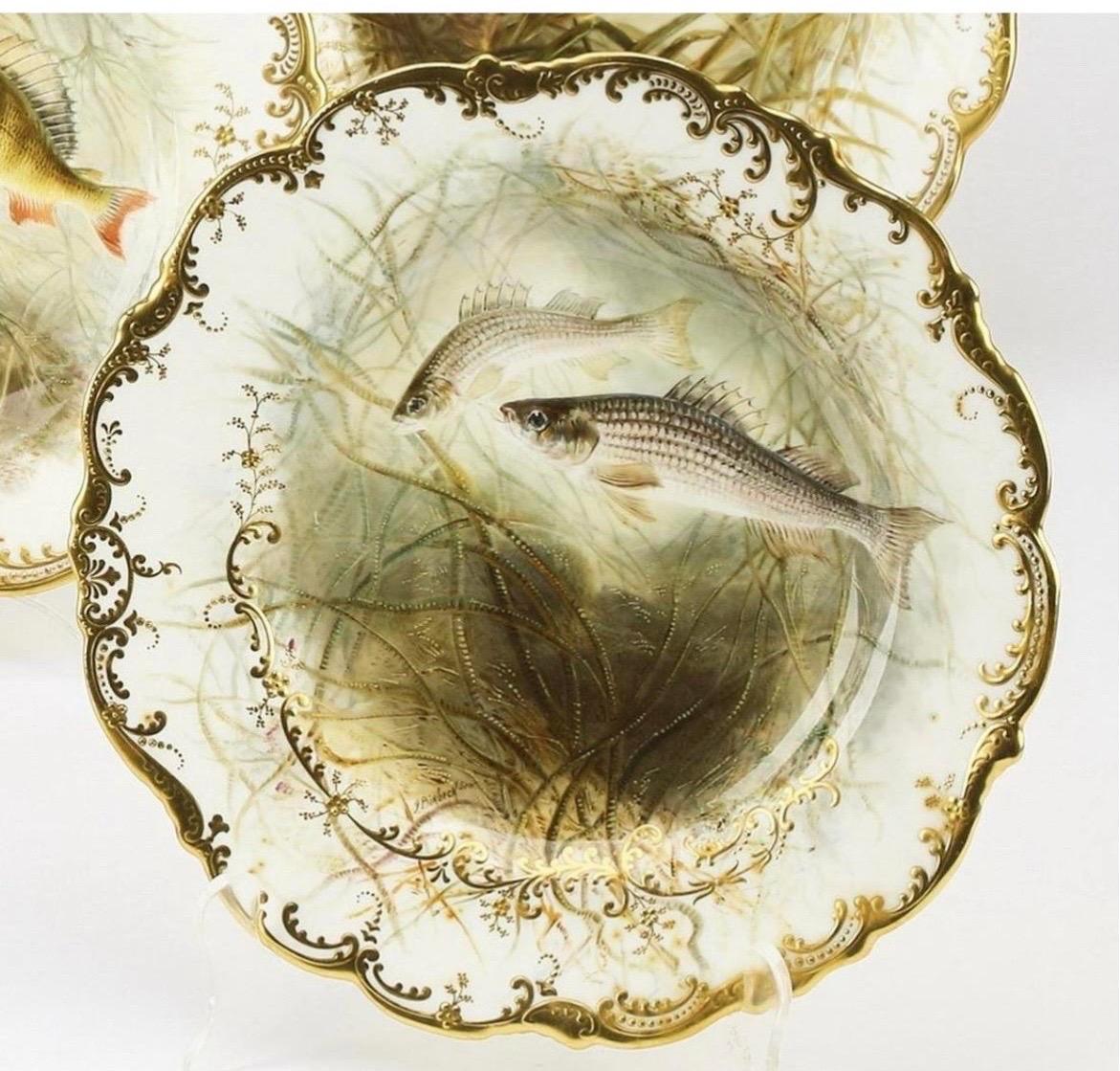 Set of eight hand painted 19th century English porcelain fish plates retailed by Tiffany & Co, New York, each having a scalloped rim with lavish gilt detail and decorated with a different species of fresh water fish including Rocky Mountain Trout,