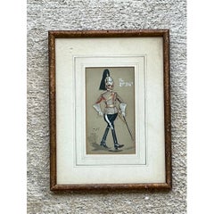 Illustration ancienne représentant un officier de cavalerie, dans un cadre en bois