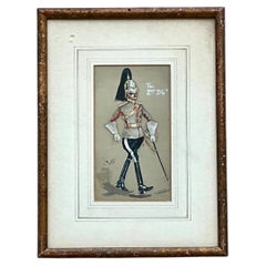 Illustration ancienne représentant un officier de cavalerie, dans un cadre en bois