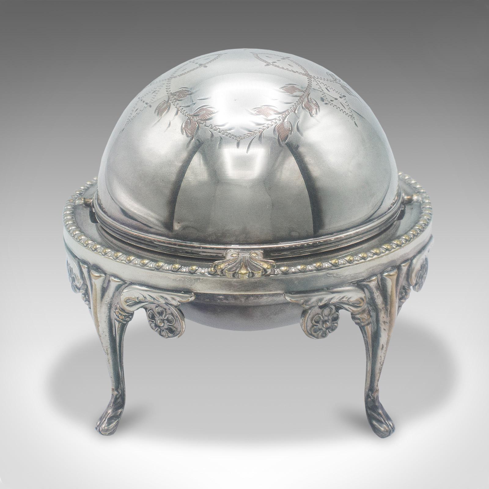 British Antique Caviar Dome, English, Silver Plate, Glass, Serving Bowl, Edwardian, 1910 For Sale