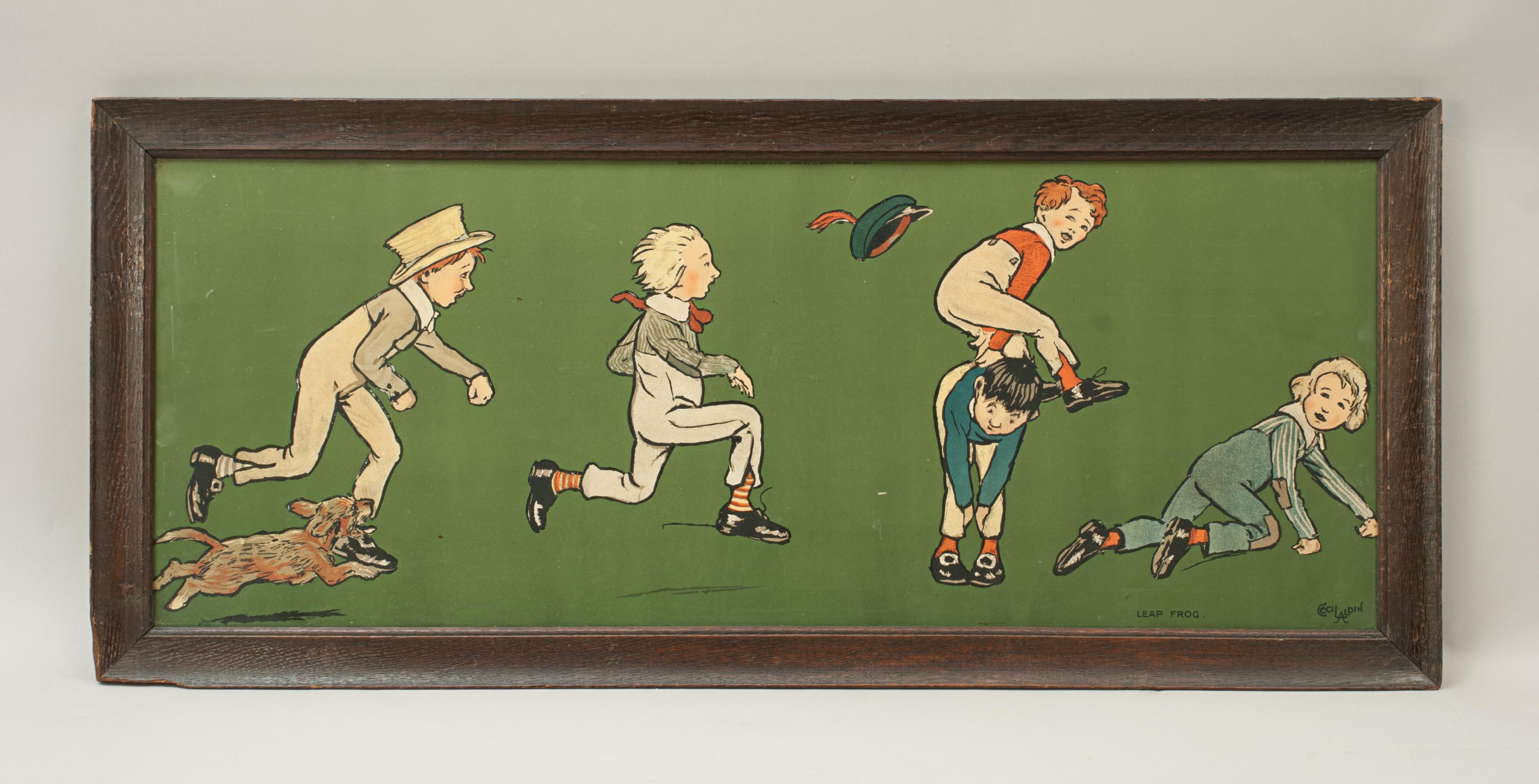 Cecil Aldin, leap frog.
A good single chromolithograph from a set of 12 Nursery friezes developed from designs which Aldin had painted on the walls of his children's nursery. This is called 'Leap Frog' and shows five young children playing leap