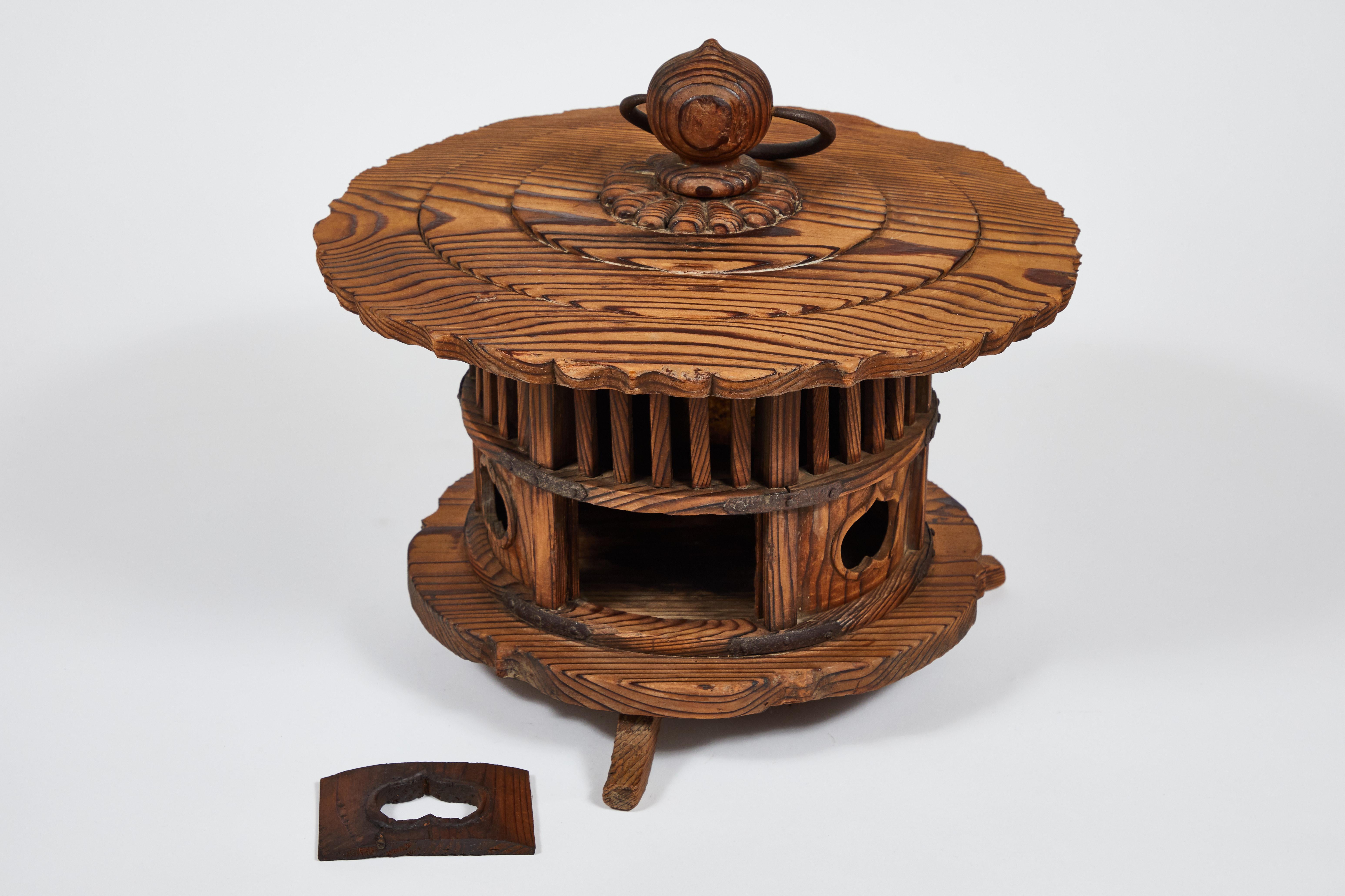 Edo 19th Century Japanese Cedar Wood Lantern with Bronze Fittings and Handle