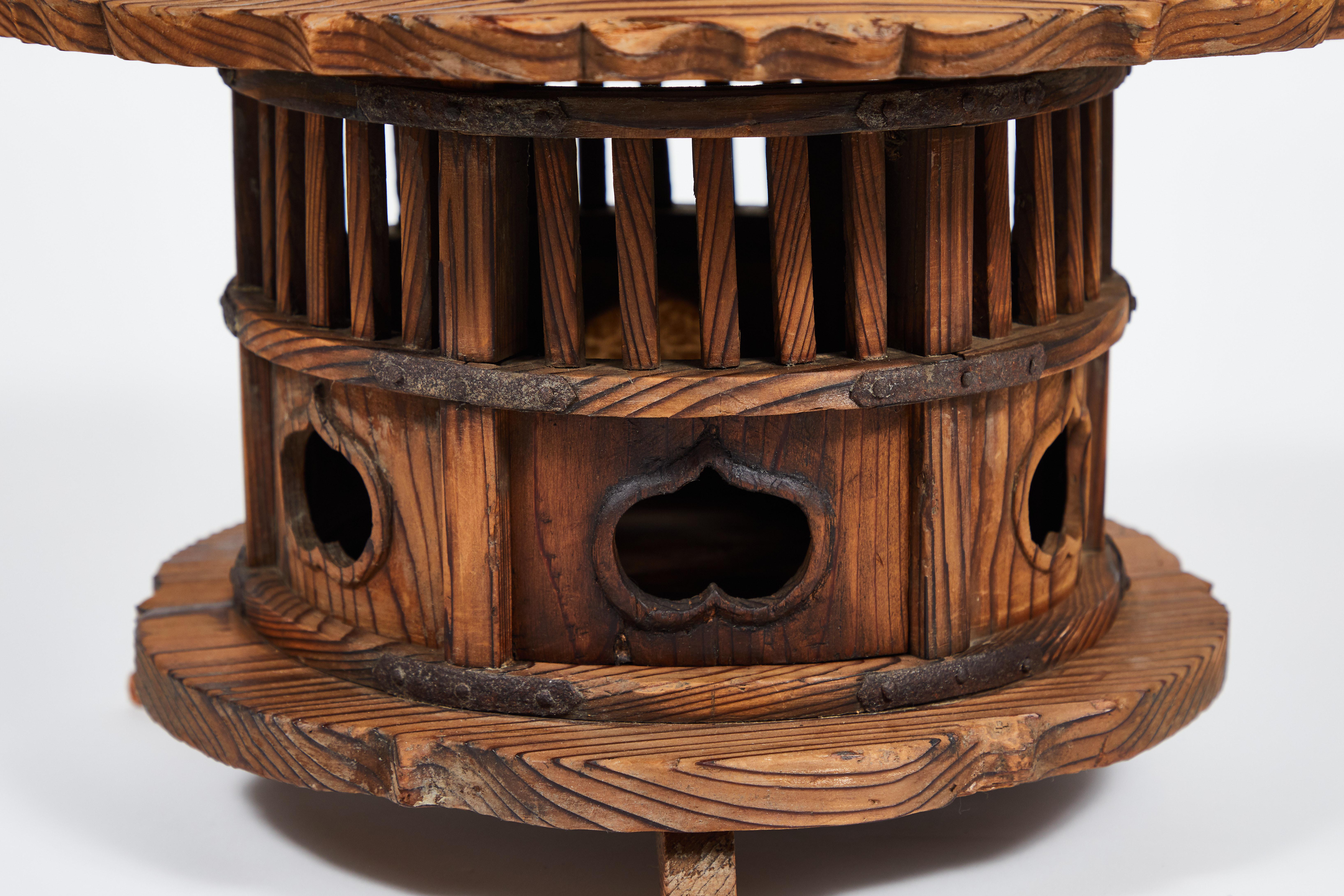 19th Century Japanese Cedar Wood Lantern with Bronze Fittings and Handle In Good Condition In Pasadena, CA