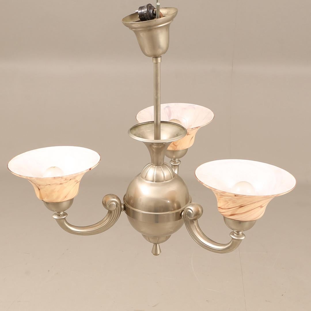 Swedish Antique CEILING LAMP Silver Pendant Light Hollywood Regency Chandelier Pink Cups For Sale