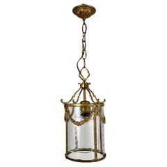 Antique Ceiling Lantern Chandelier in Glass And Bronze, France 1920s